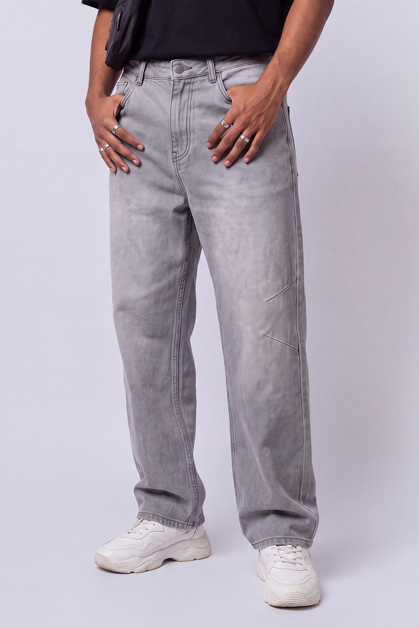 Mens Barrel Fit Grey Solid Jeans - Image 2