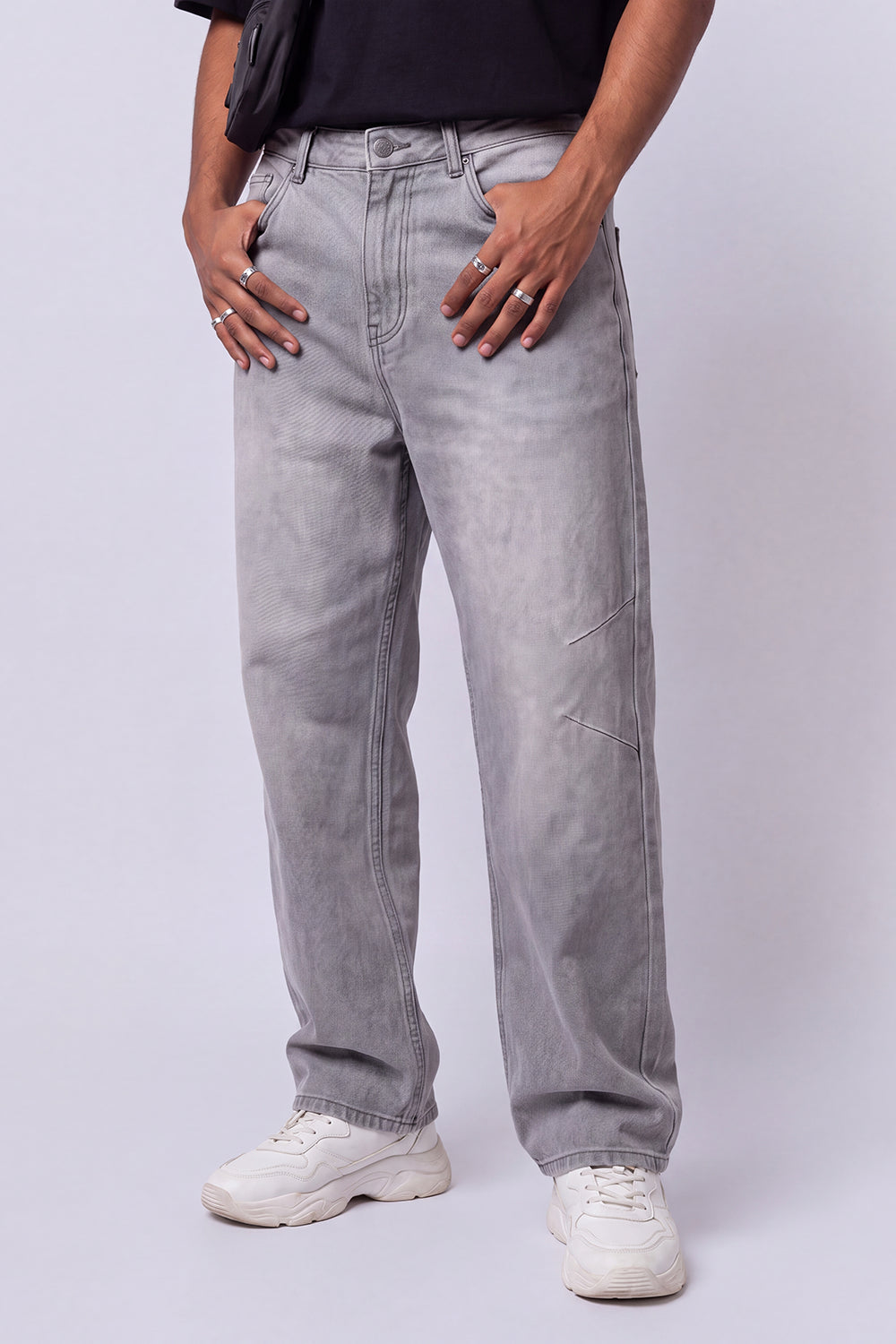 Mens Barrel Fit Grey Solid Jeans - Image 2