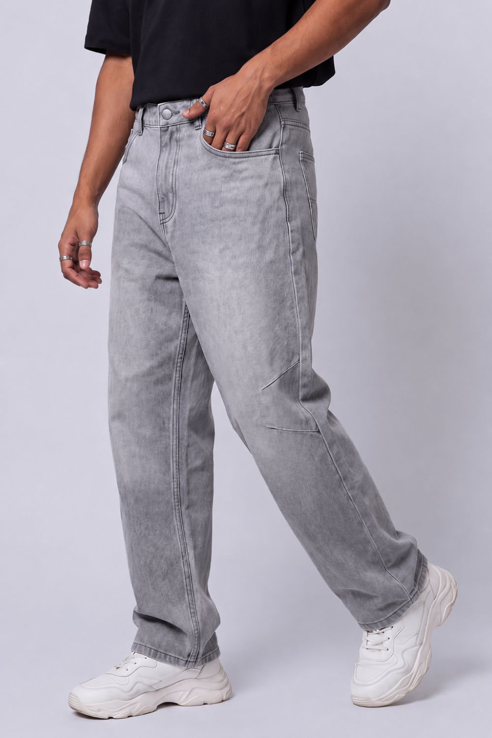 Mens Barrel Fit Grey Solid Jeans - Image 4