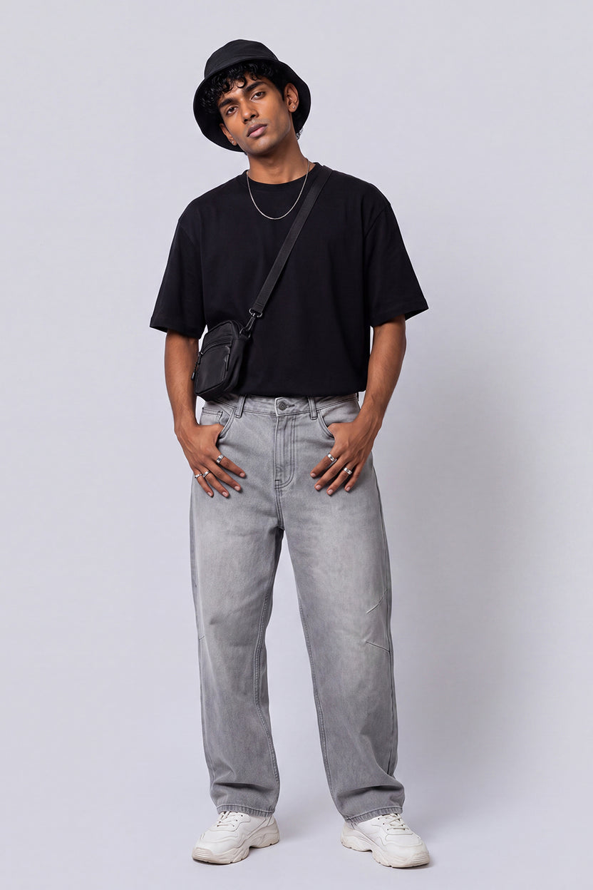 Mens Barrel Fit Grey Solid Jeans - Image 6