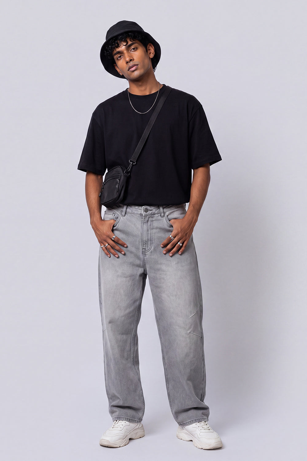 Mens Barrel Fit Grey Solid Jeans - Image 6