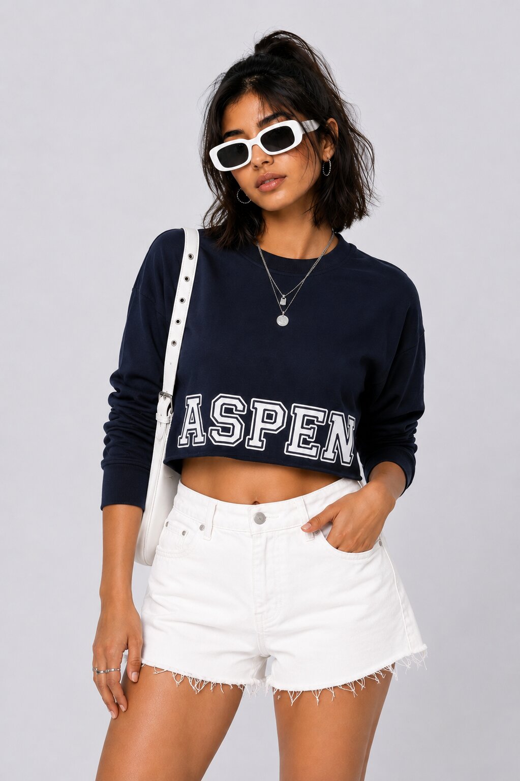 Womens Regular Fit Navy Graphic Crop Sweatshirt - Image 1