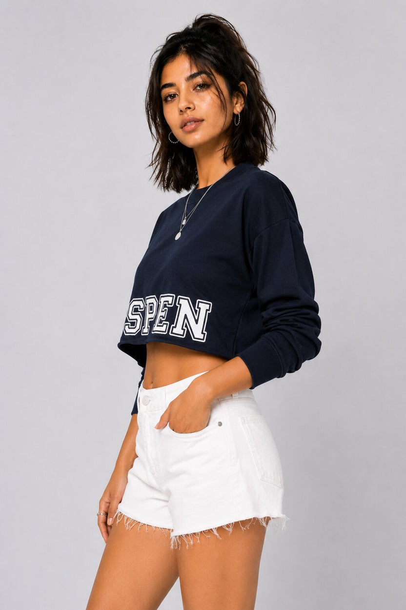Womens Regular Fit Navy Graphic Crop Sweatshirt - Image 4