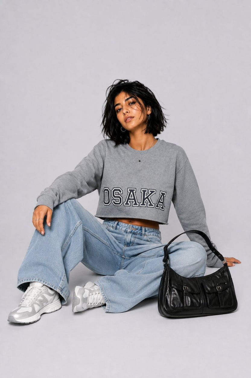 Womens Regular Fit Grey Graphic Crop Sweatshirt - Image 6
