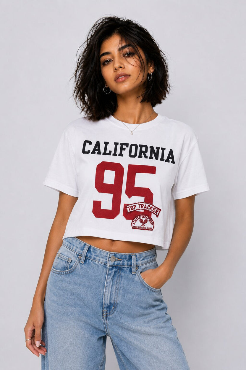 Womens White California Graphic Crop T-Shirt - Image 2