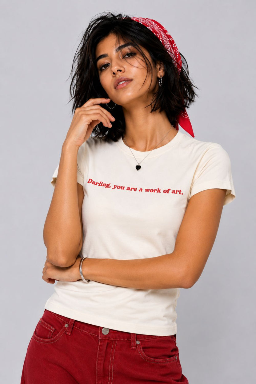 Womens Regular Fit Off White Slogan Printed T-Shirt - Image 1