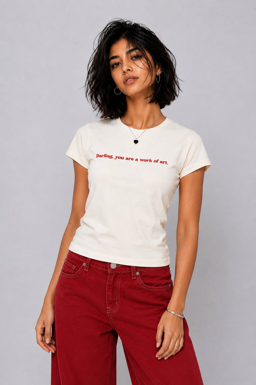 Womens Regular Fit Off White Slogan Printed T-Shirt - Image 2