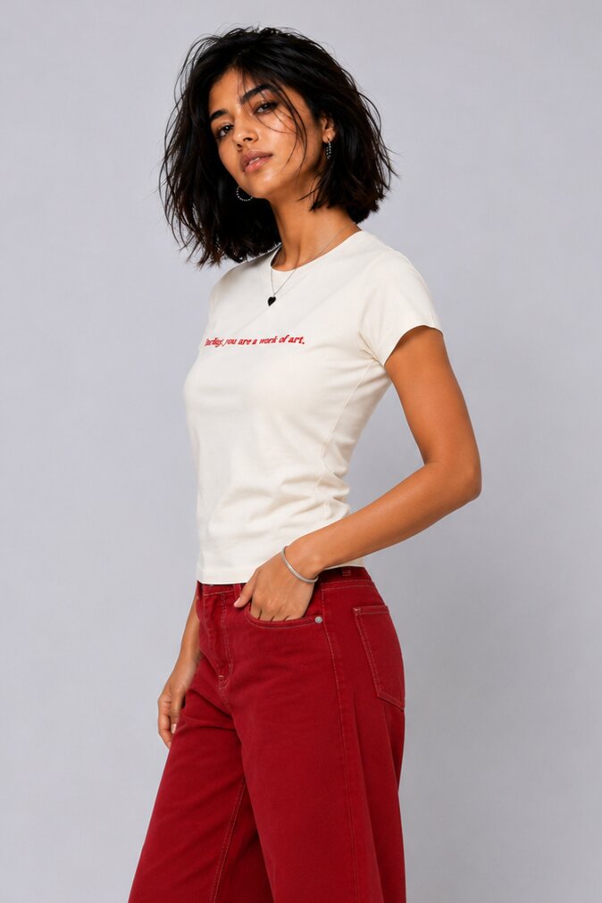 Womens Regular Fit Off White Slogan Printed T-Shirt - Image 4