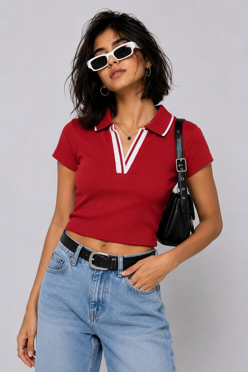Womens Red Ribbed Cropped Polo Top - Image 1