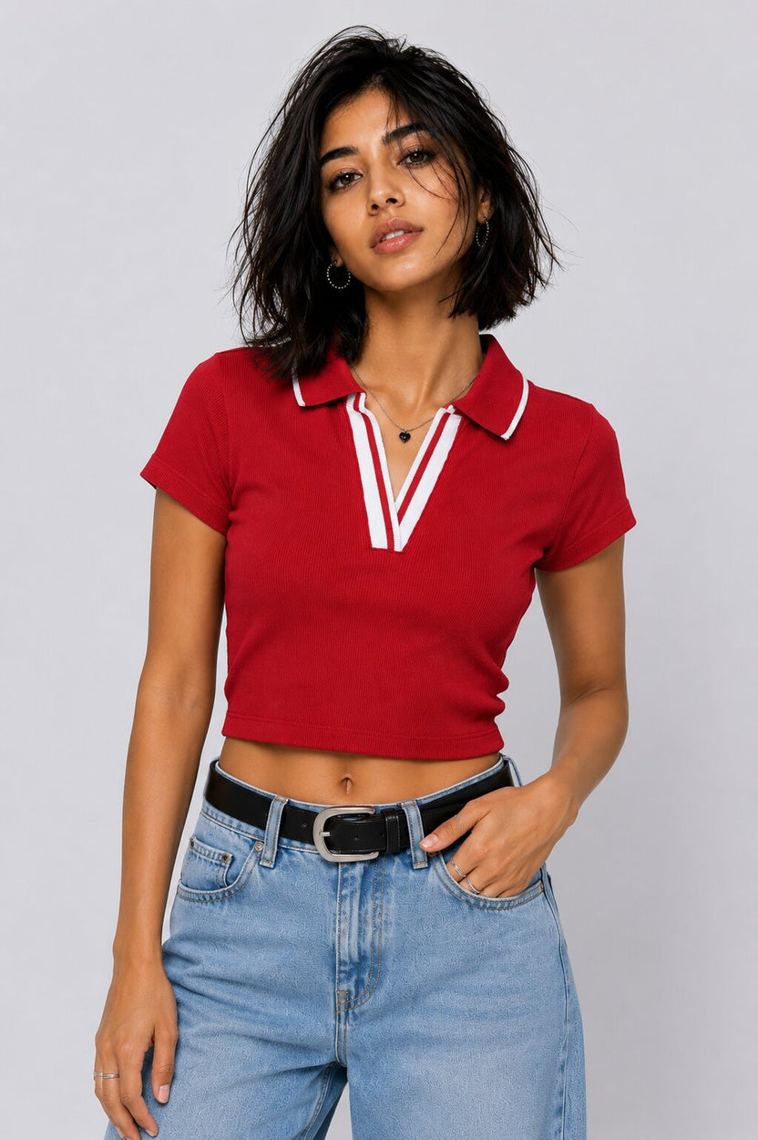 Womens Red Ribbed Cropped Polo Top - Image 2