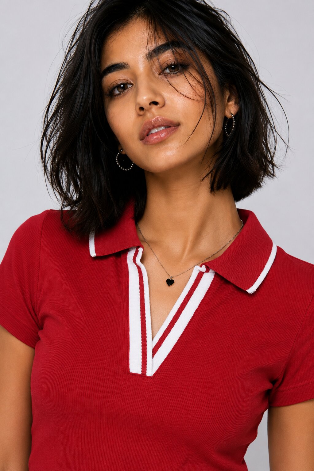 Womens Red Ribbed Cropped Polo Top - Image 3