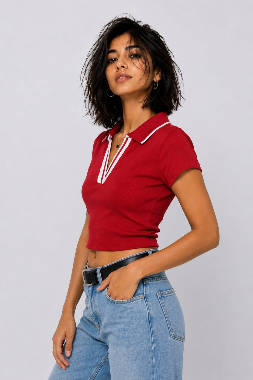 Womens Red Ribbed Cropped Polo Top - Image 4