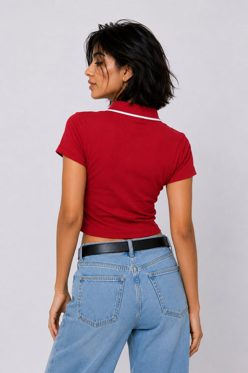 Womens Red Ribbed Cropped Polo Top - Image 5