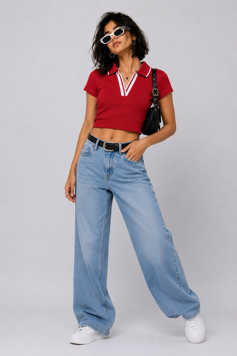 Womens Red Ribbed Cropped Polo Top - Image 6