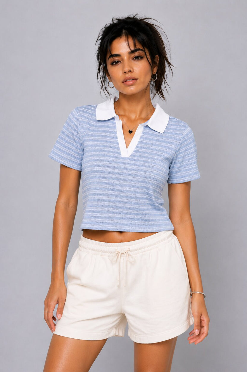 Womens Regular Fit Light Blue Striped Polo Top - Image 2