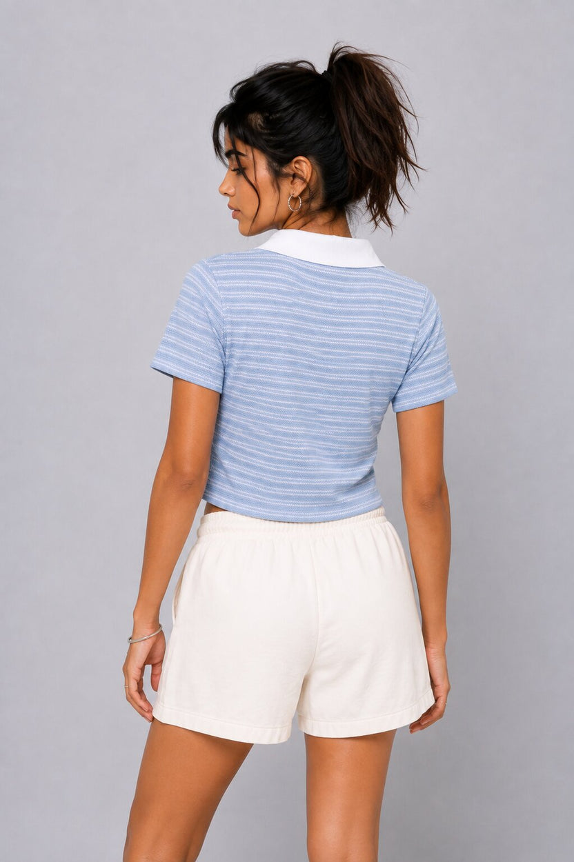 Womens Regular Fit Light Blue Striped Polo Top - Image 5
