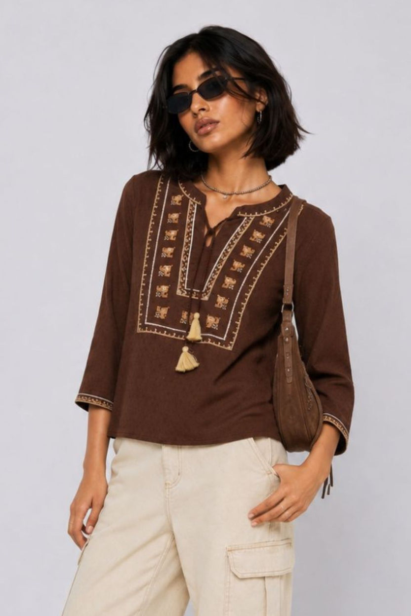 Womens Regular Fit Brown Embroidered Tunic - Image 1
