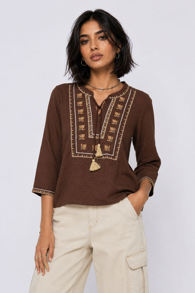 Womens Regular Fit Brown Embroidered Tunic - Image 2