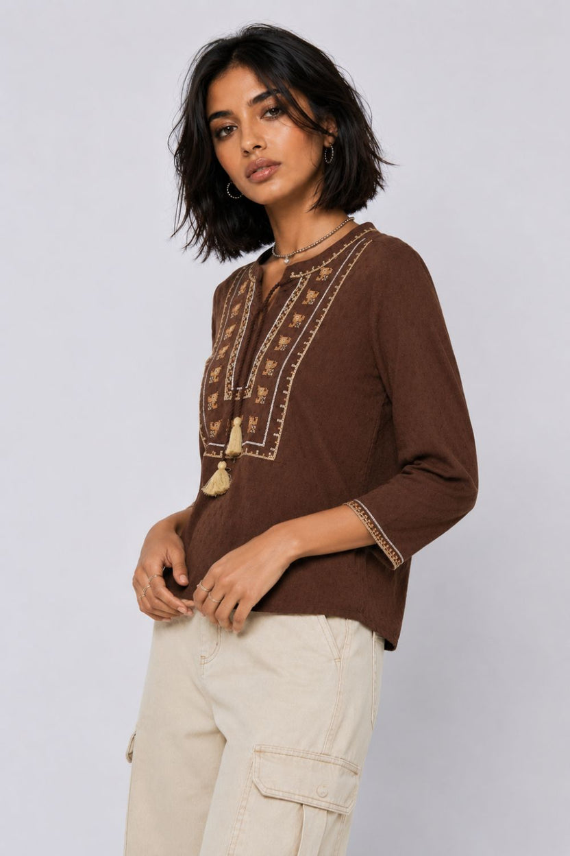 Womens Regular Fit Brown Embroidered Tunic - Image 4
