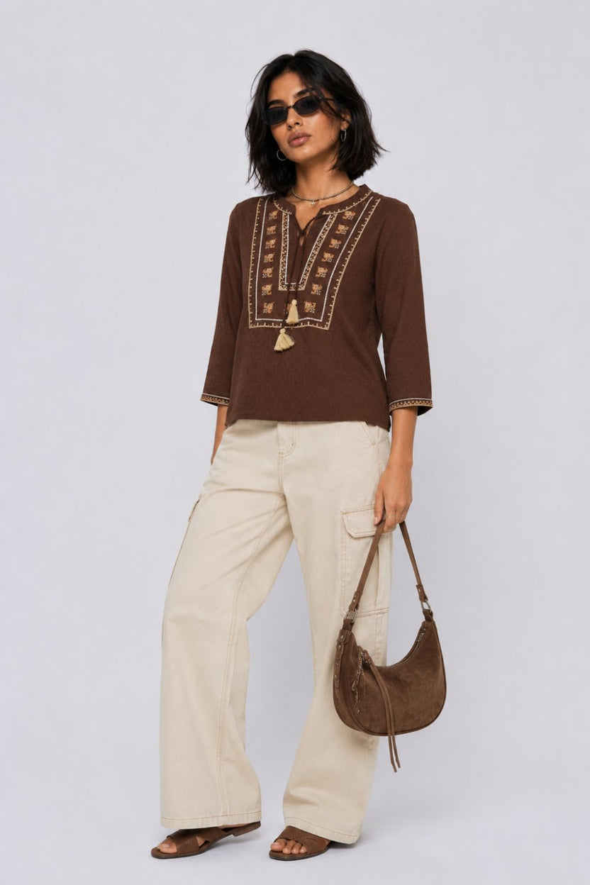 Womens Regular Fit Brown Embroidered Tunic - Image 6