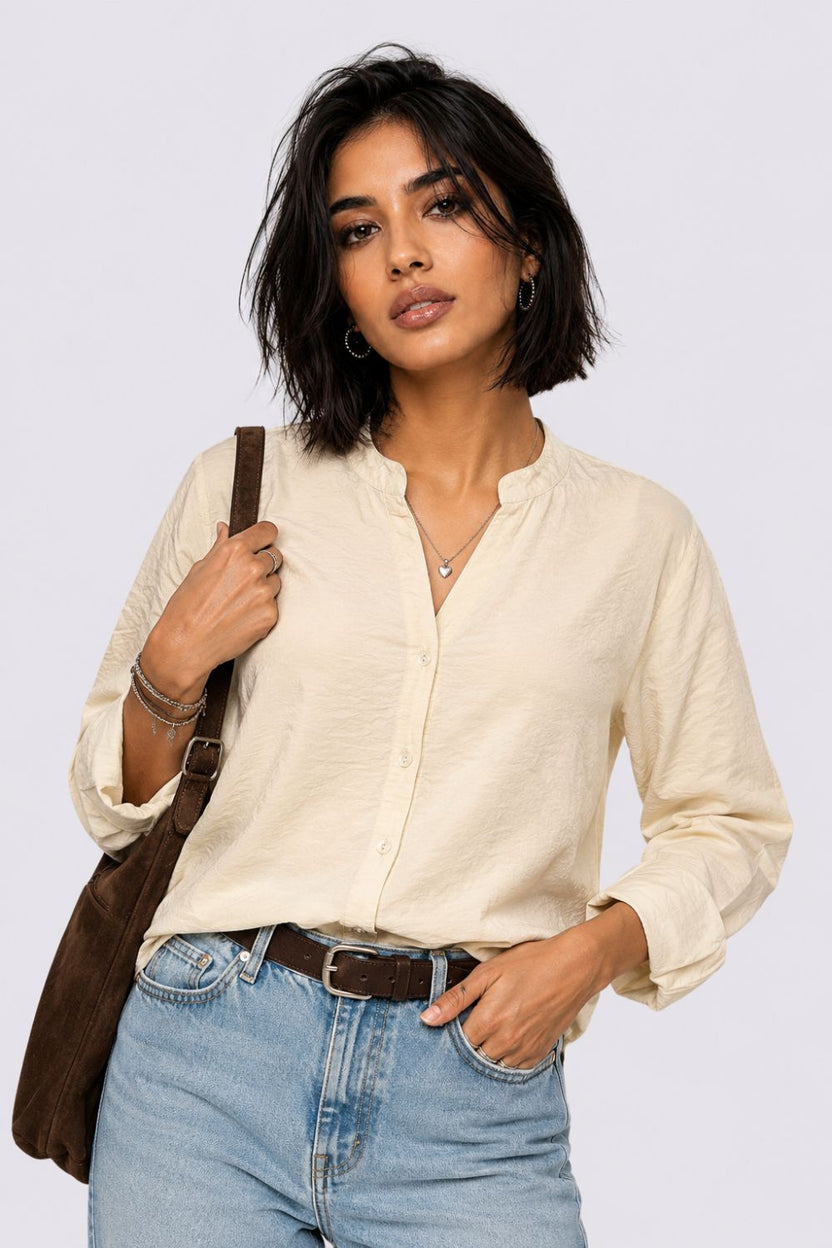Womens Regular Fit Cream Solid Shirt - Image 1
