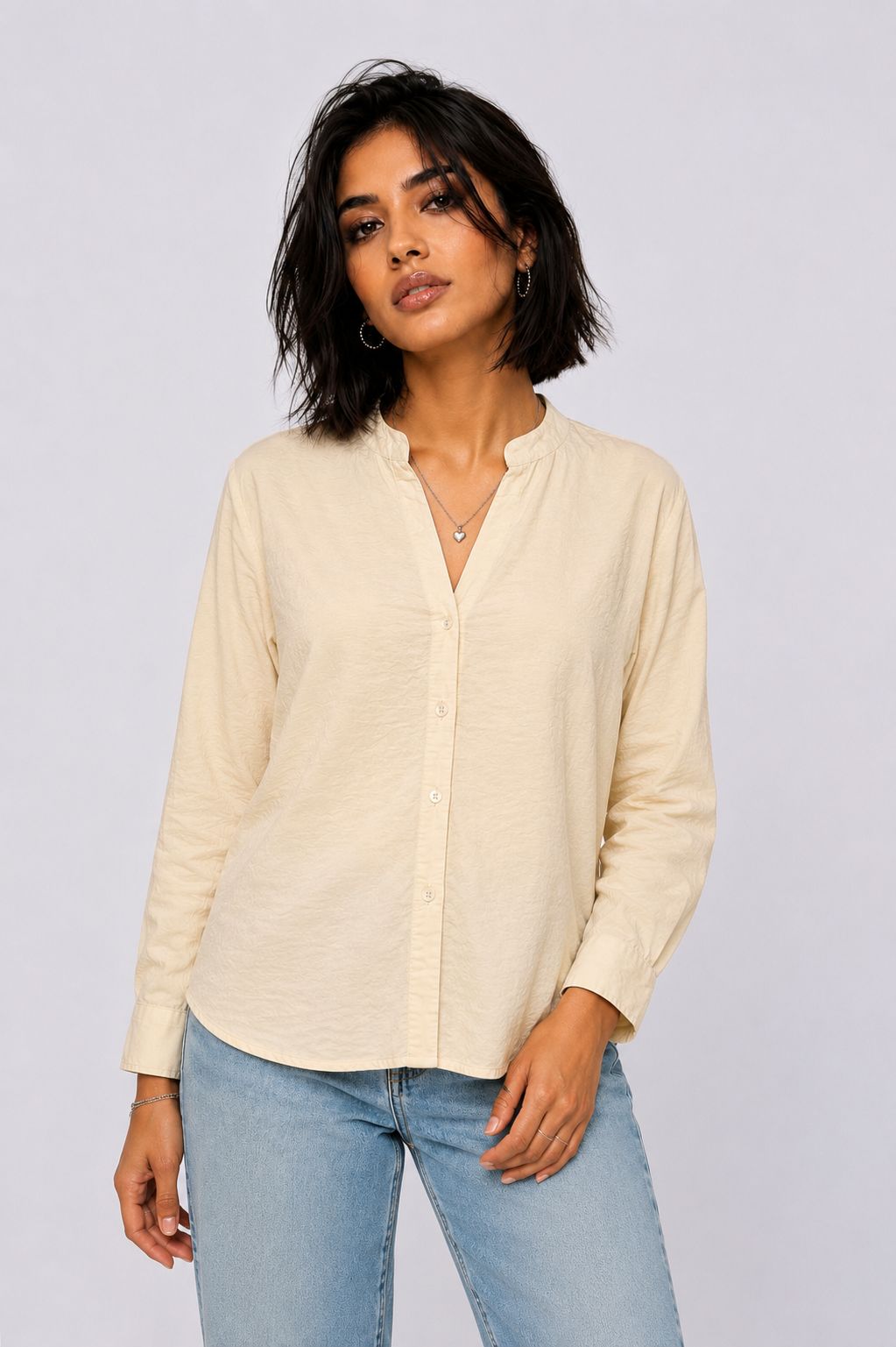 Womens Regular Fit Cream Solid Shirt - Image 2