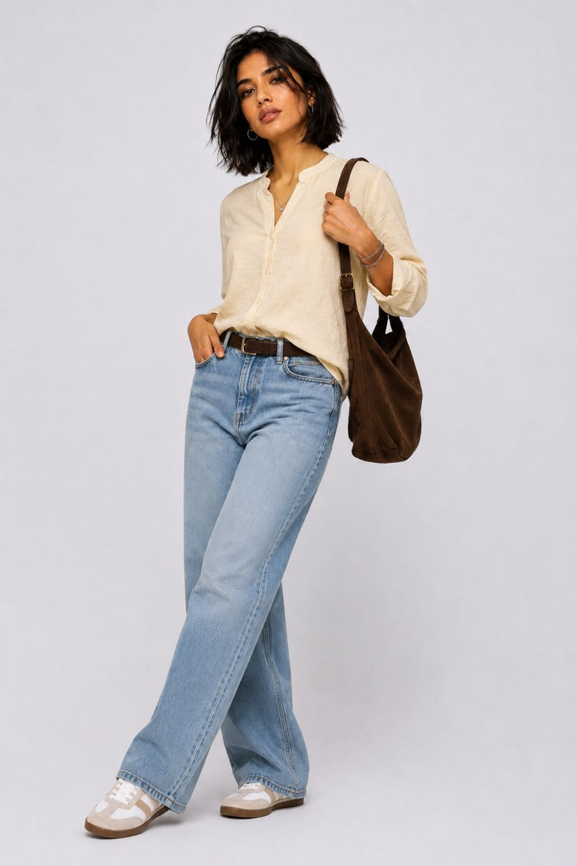 Womens Regular Fit Cream Solid Shirt - Image 6