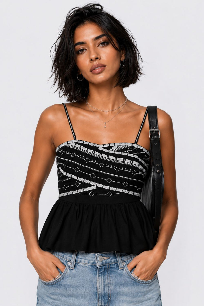 Womens Black Embroidered Peplum Top - Image 1