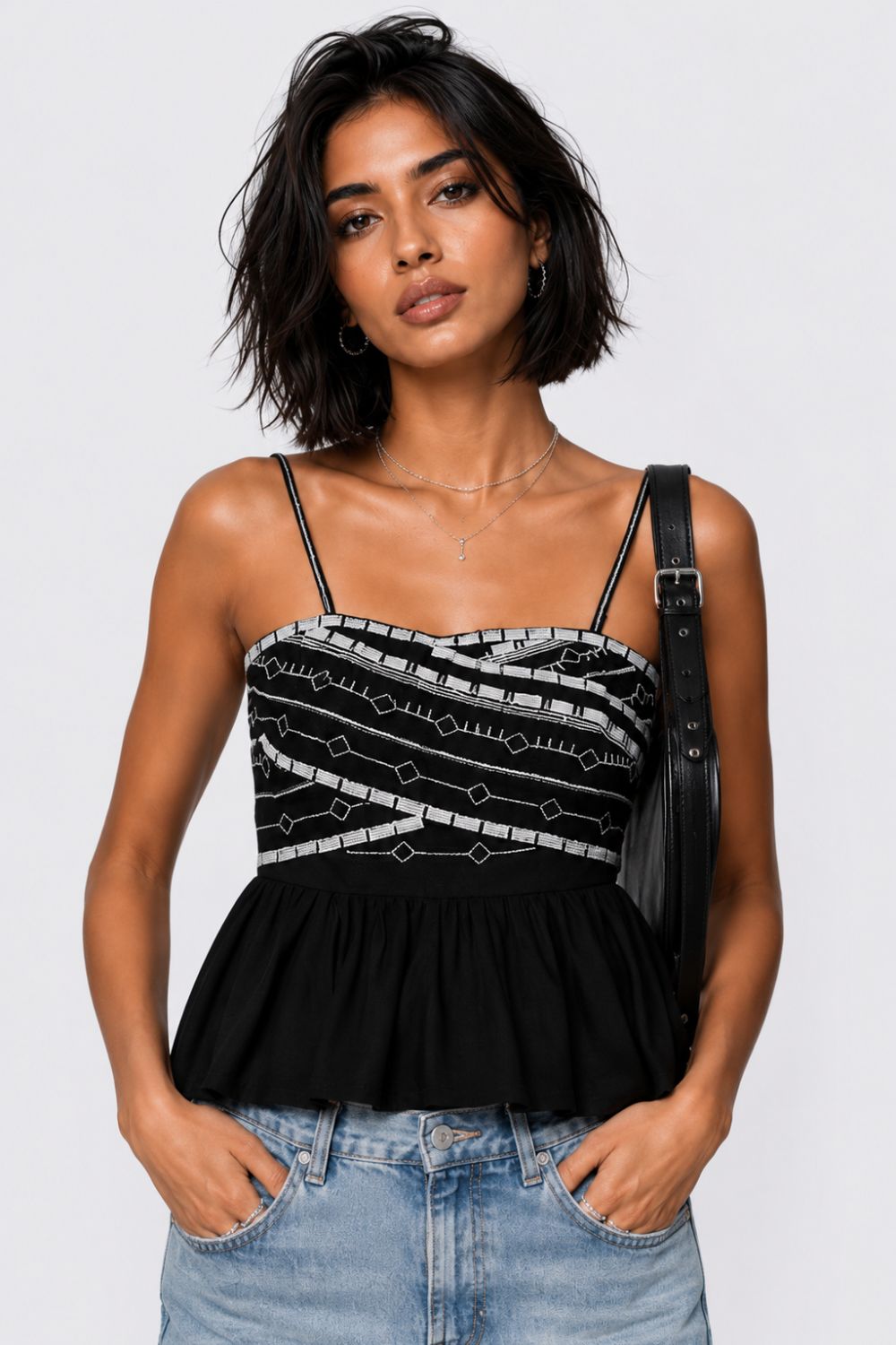 Womens Black Embroidered Peplum Top - Image 1