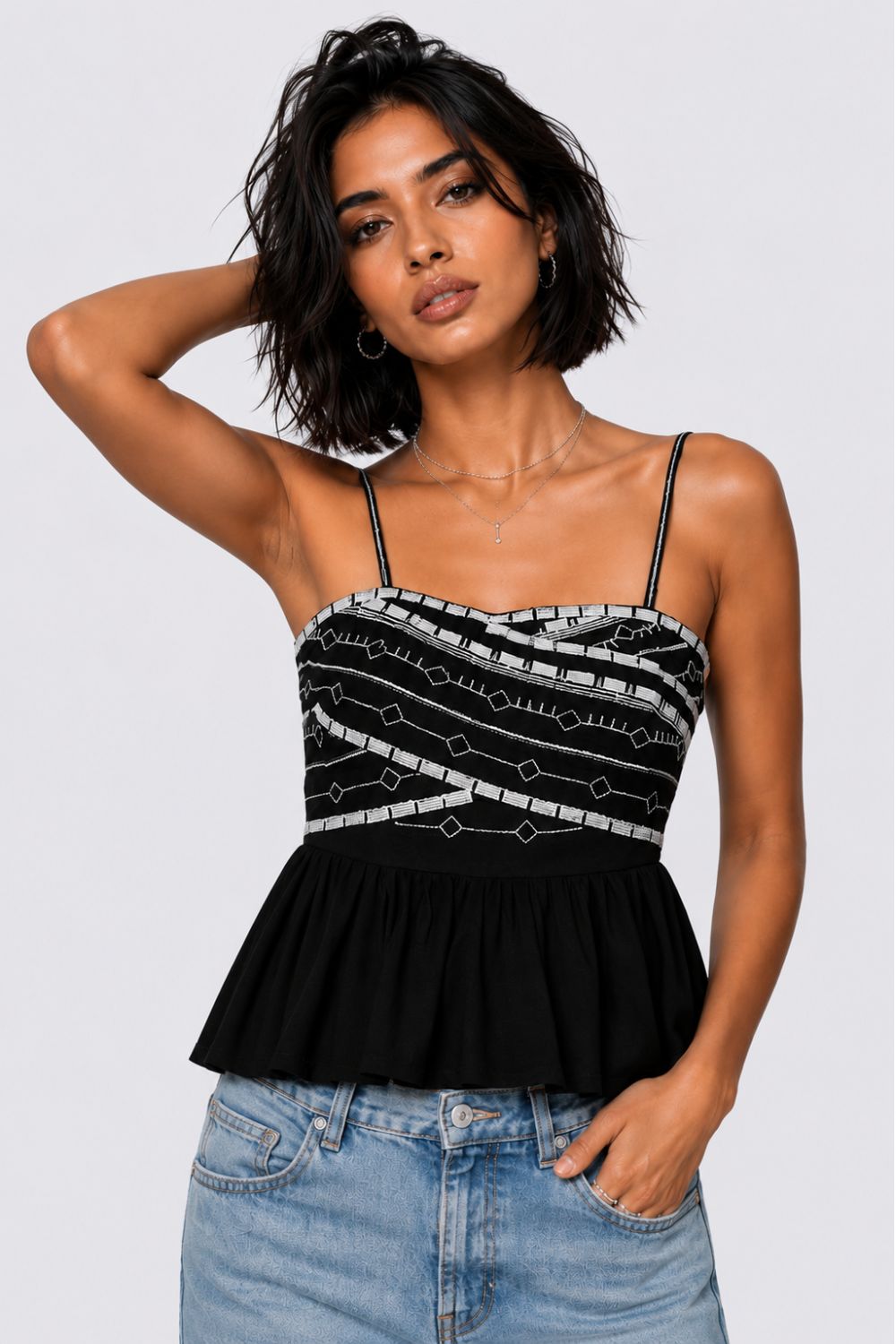 Womens Black Embroidered Peplum Top - Image 2