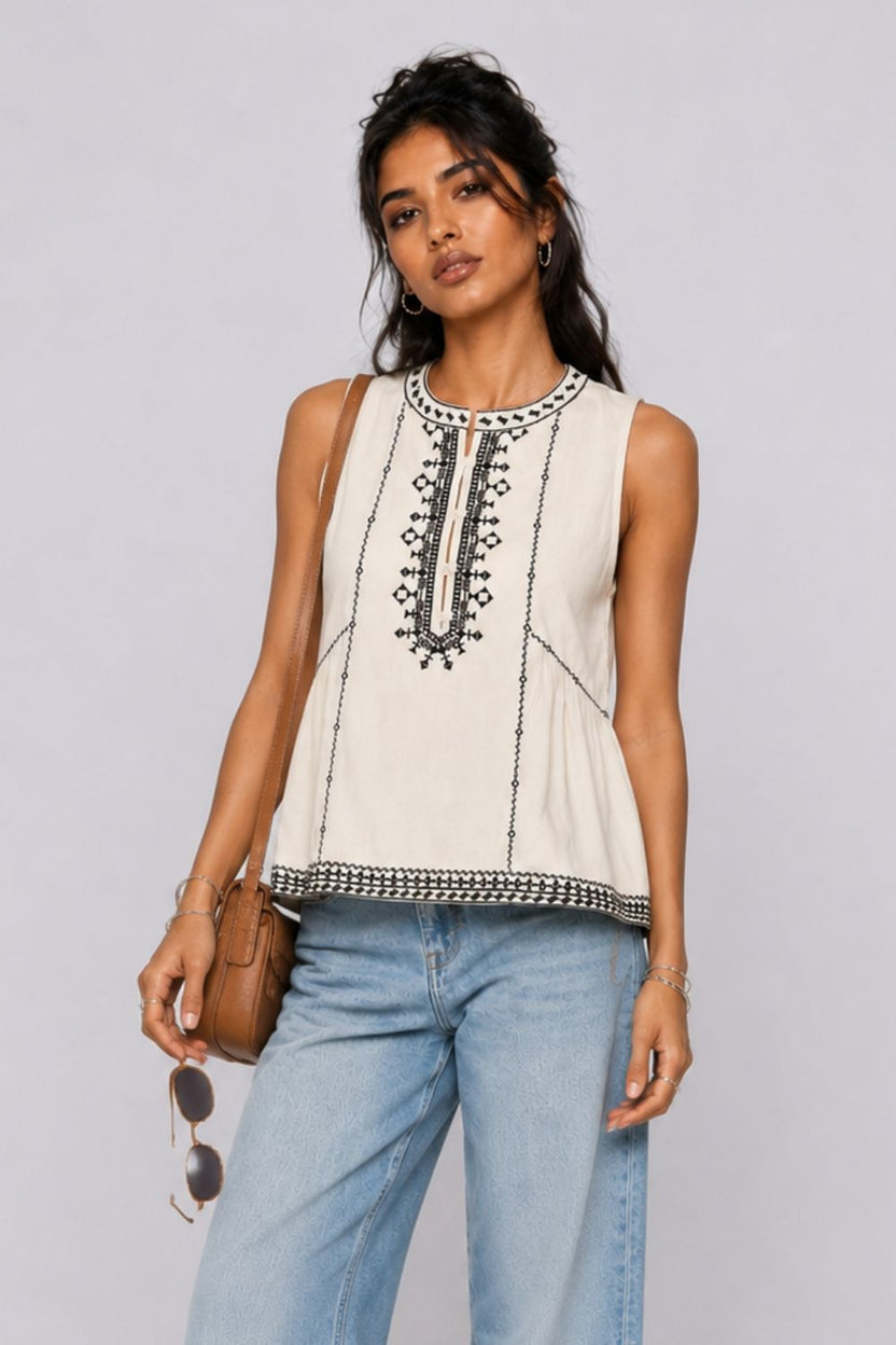 Womens Regular Fit Off White Embroidered Top - Image 1