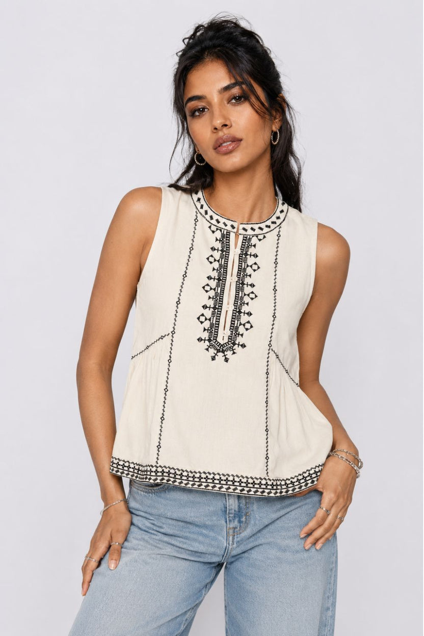 Womens Regular Fit Off White Embroidered Top - Image 2
