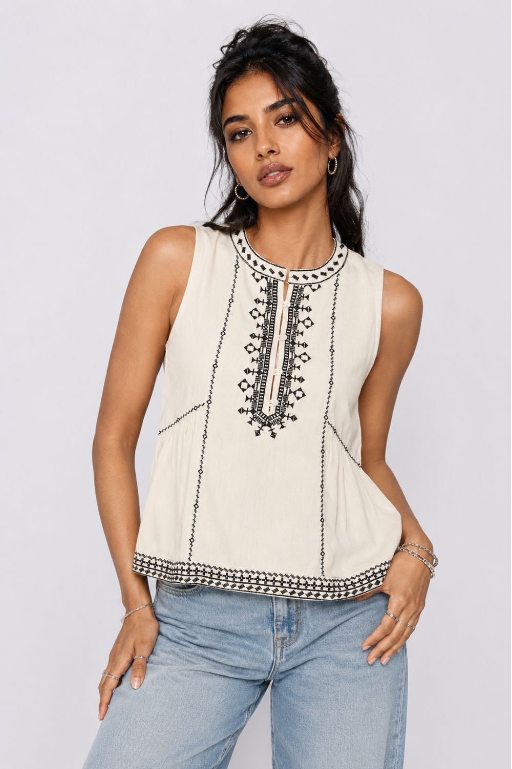 Womens Regular Fit Off White Embroidered Top - Image 2