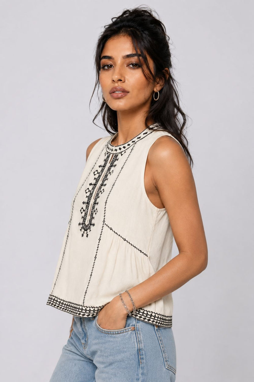 Womens Regular Fit Off White Embroidered Top - Image 4