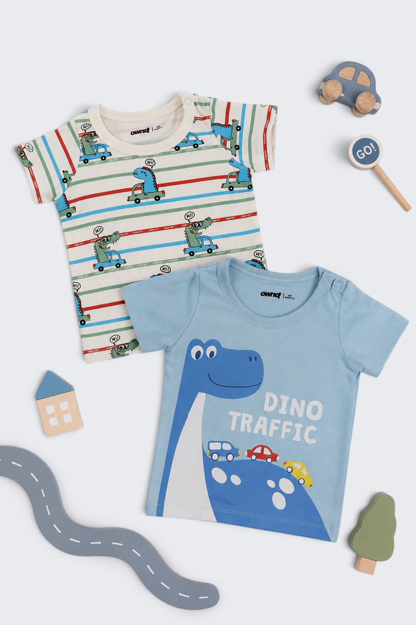 Infant Boys Regular Fit Blue Dino Graphic T-Shirt - Pack of 2 - Image 1