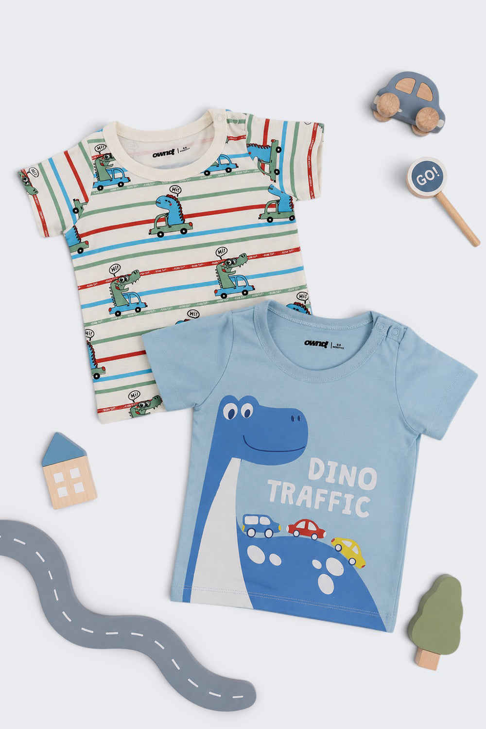 Infant Boys Regular Fit Blue Dino Graphic T-Shirt - Pack of 2 - Image 1