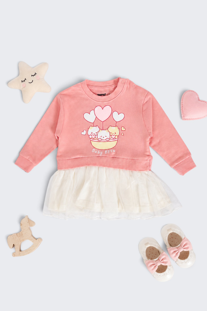 Infant Girls Flared Pink Cats Graphic Dress - Image 1