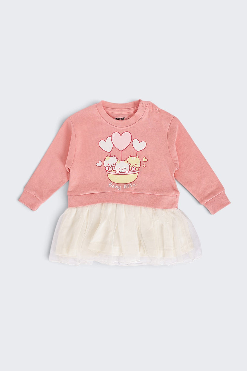 Infant Girls Flared Pink Cats Graphic Dress - Image 2