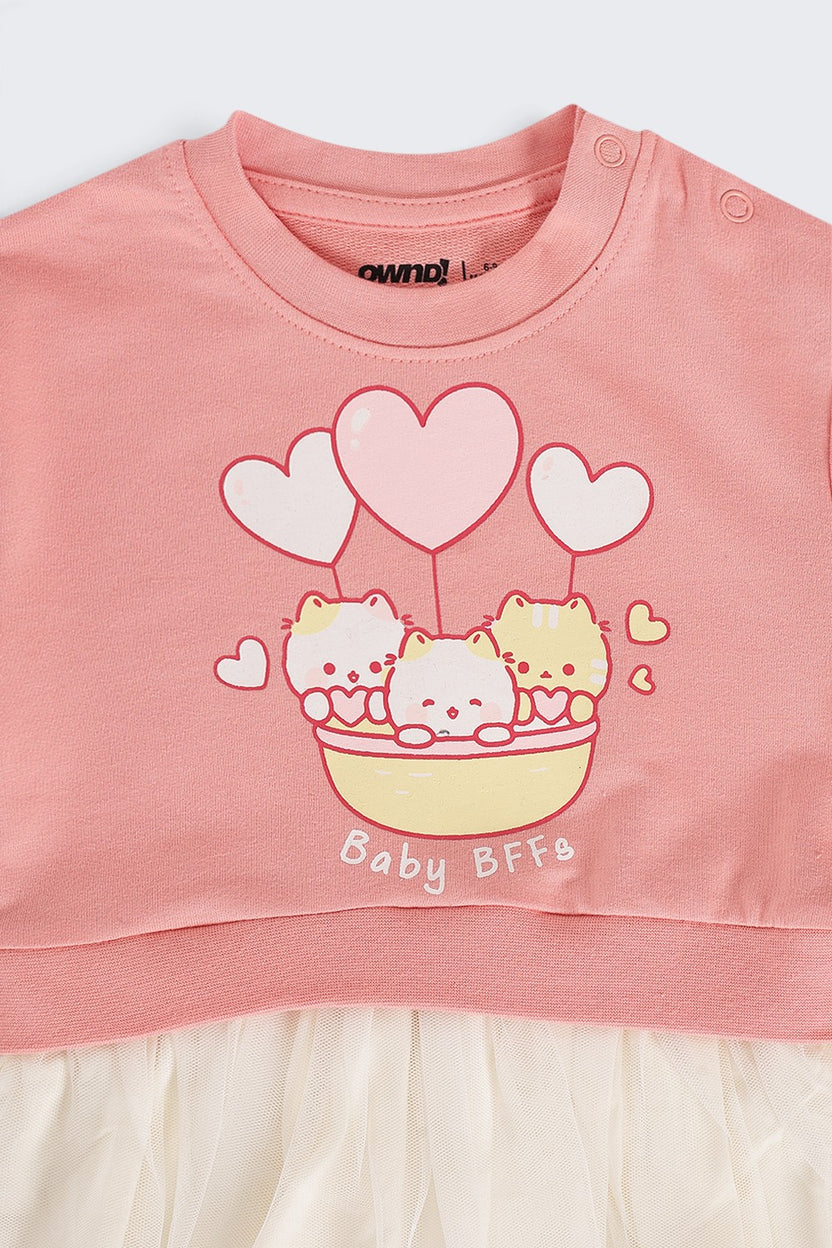 Infant Girls Flared Pink Cats Graphic Dress - Image 4