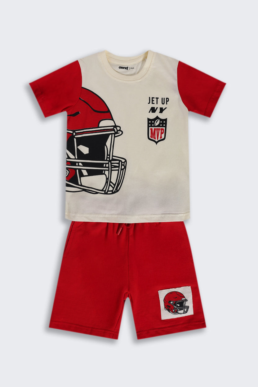 Boys Regular Fit Red Graphic Printed Co-ord Set - Image 2