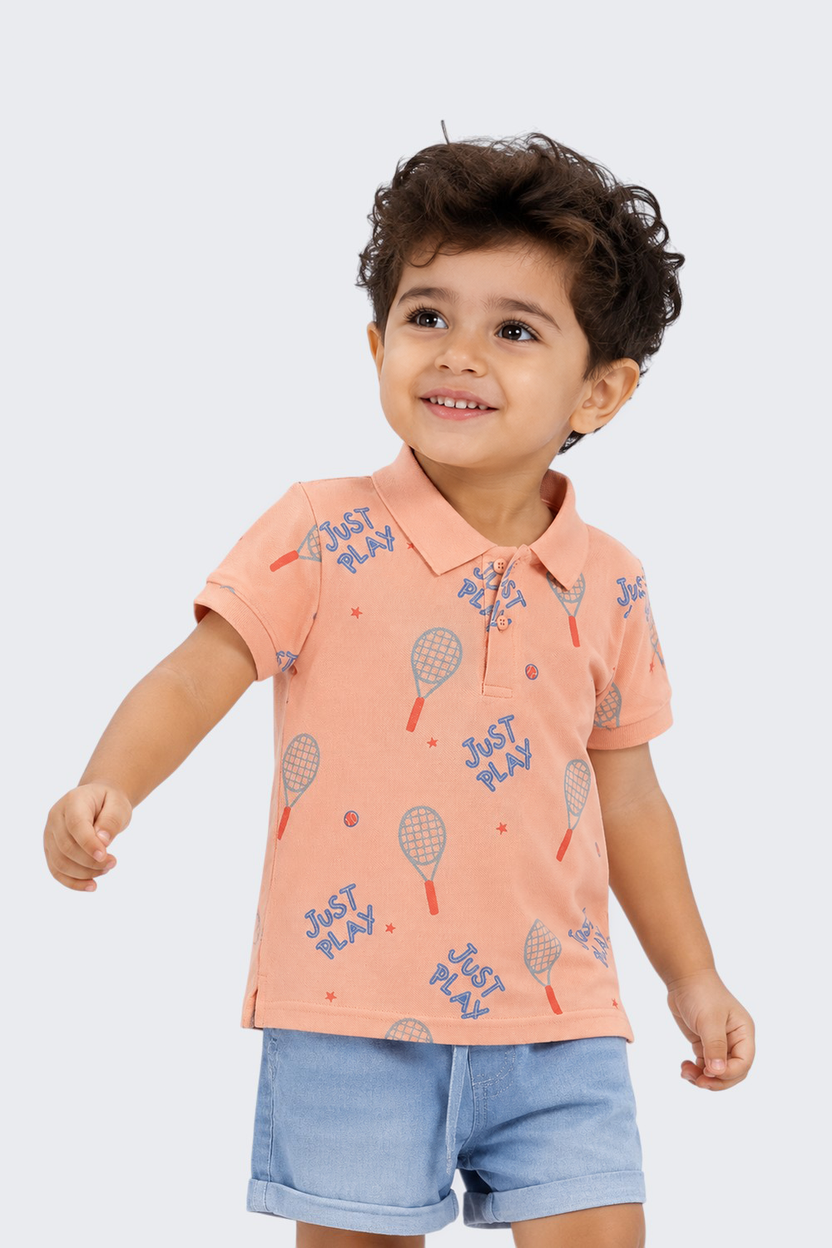 Boys Regular Fit Peach Badminton Graphic Printed T-Shirt - Image 1