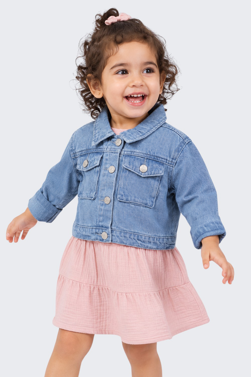 Girls Boxy Fit Blue Solid Denim Jacket - Image 1