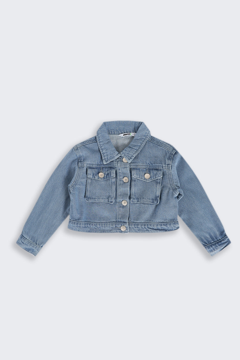 Girls Boxy Fit Blue Solid Denim Jacket - Image 2