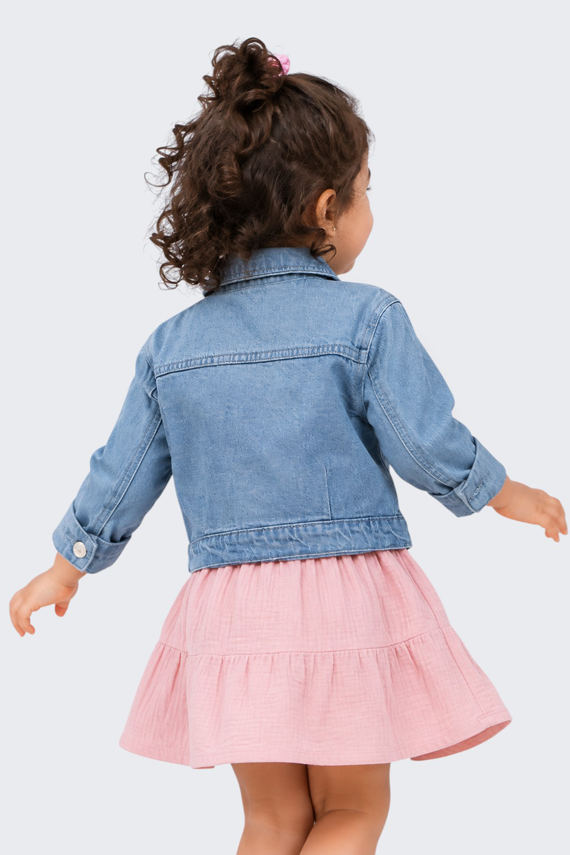 Girls Boxy Fit Blue Solid Denim Jacket - Image 3