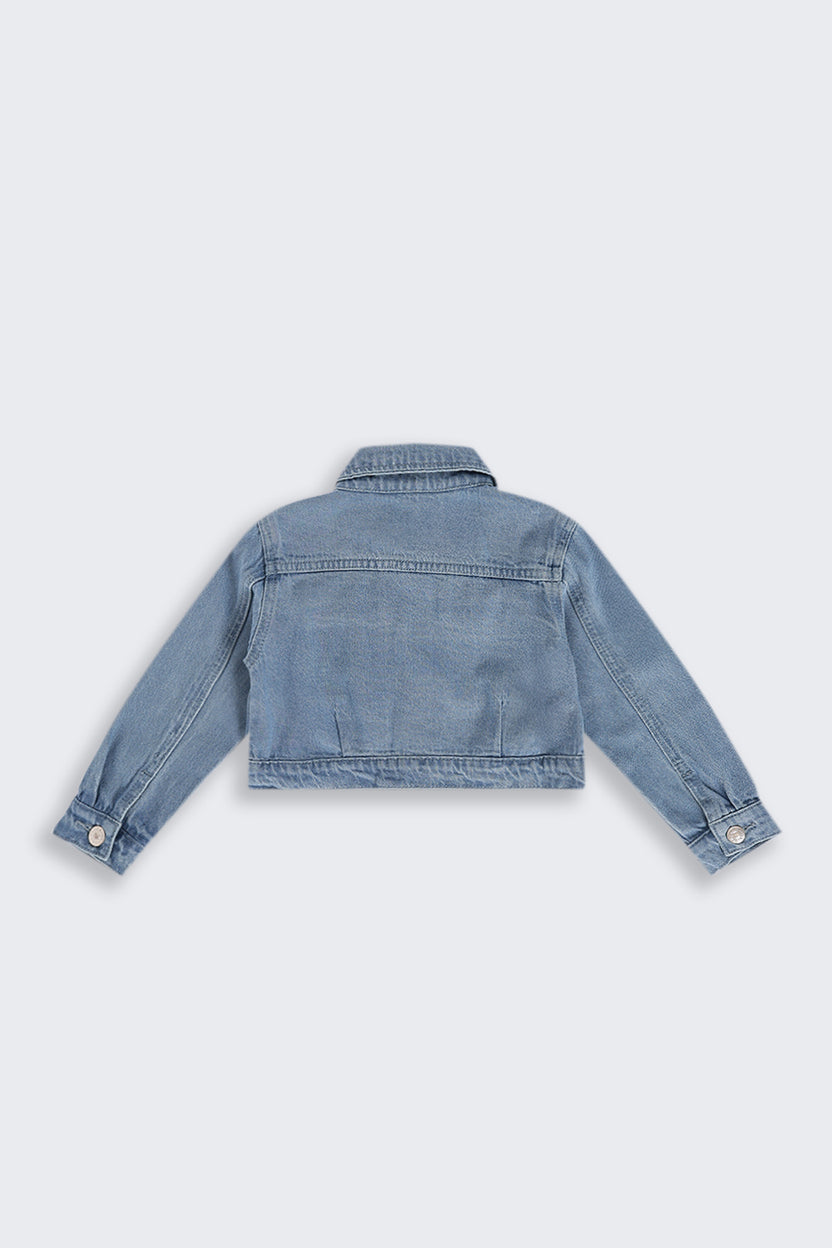 Girls Boxy Fit Blue Solid Denim Jacket - Image 4