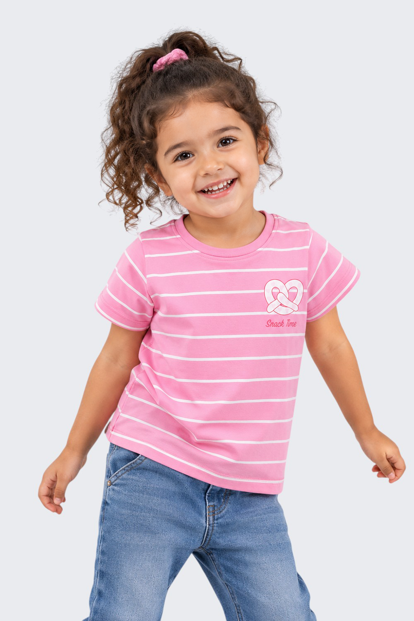 Girls Regular Fit Pink Striped T-Shirt - Image 1