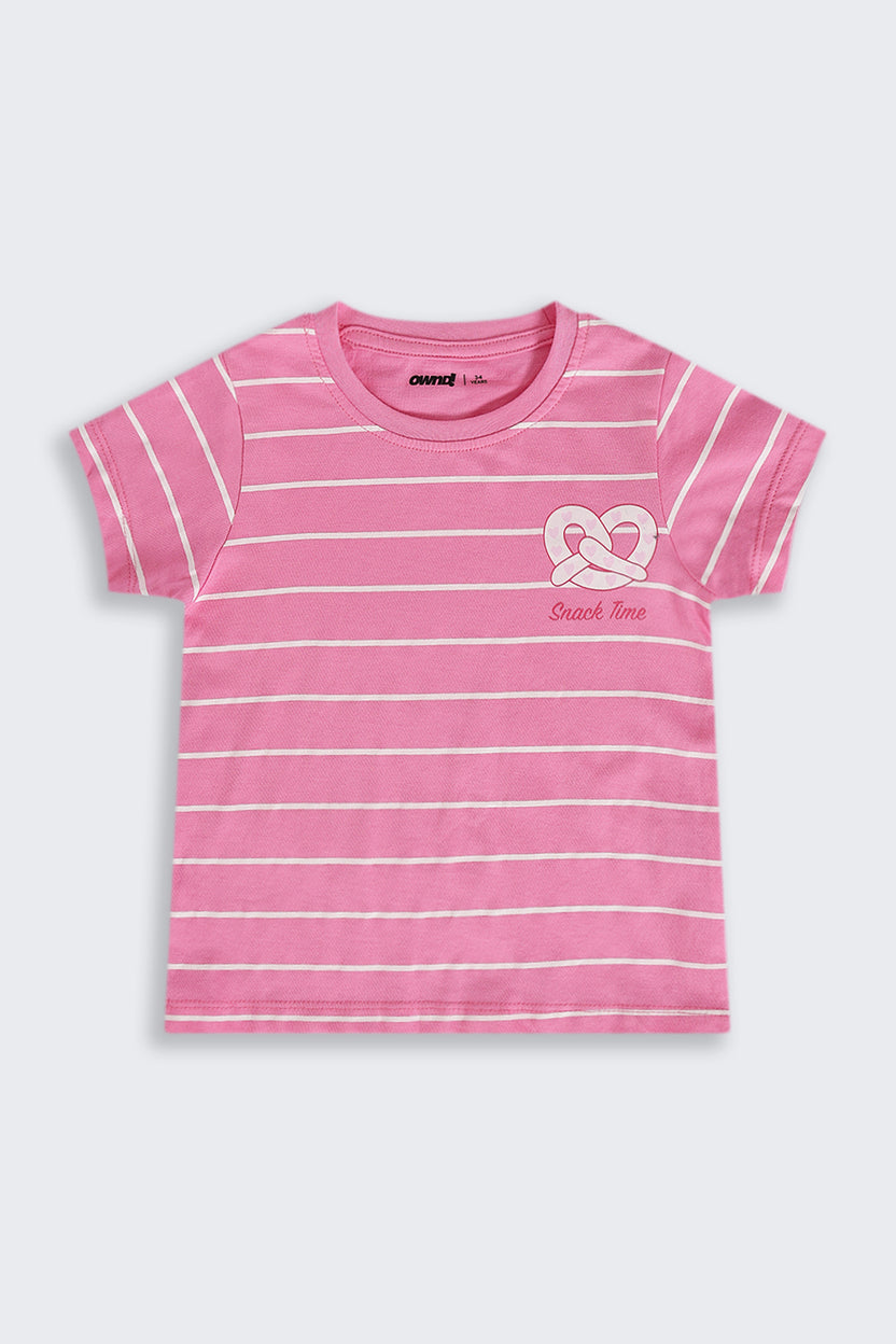 Girls Regular Fit Pink Striped T-Shirt - Image 2