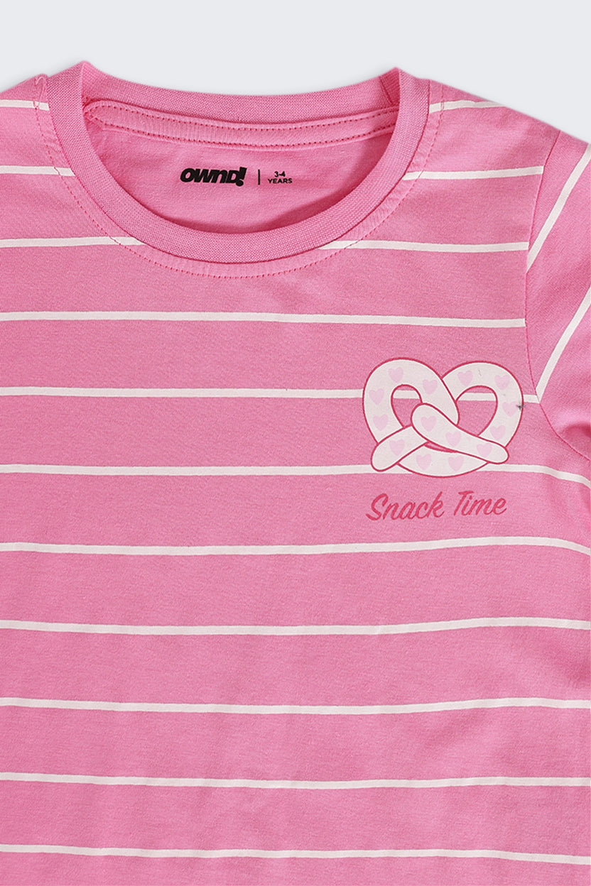 Girls Regular Fit Pink Striped T-Shirt - Image 5