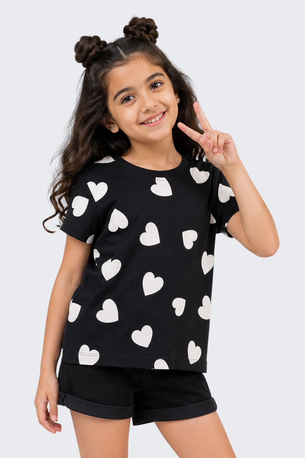 Girls Regular Fit Black Heart Printed T-Shirt - Image 1