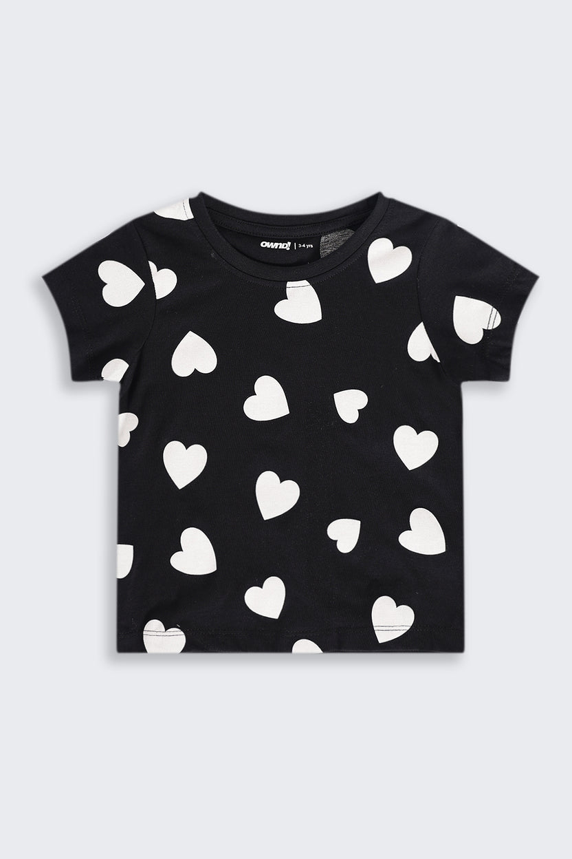 Girls Regular Fit Black Heart Printed T-Shirt - Image 2
